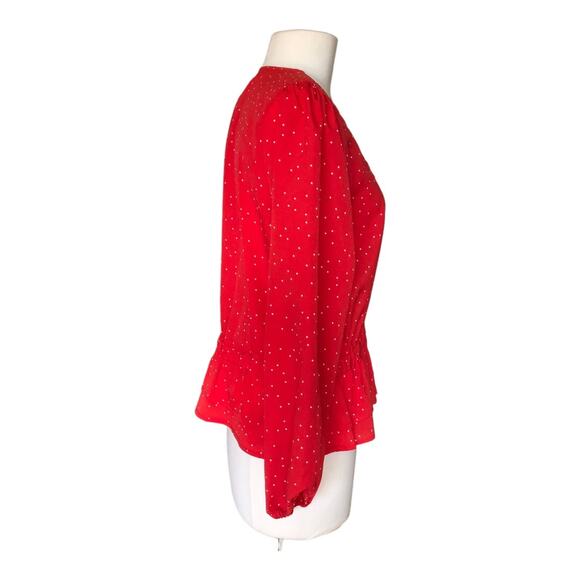 Maguire Feminine Red and White Polka Dot V-Neck Blouse with Peplum Detail Large - Picture 3 of 8